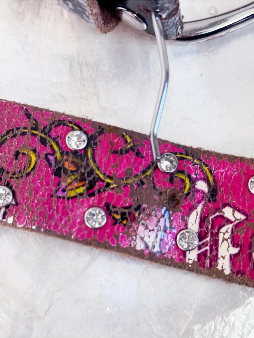 Vtg Ed Hardy Rocker Roses Crystal Studded Leather Belt XL